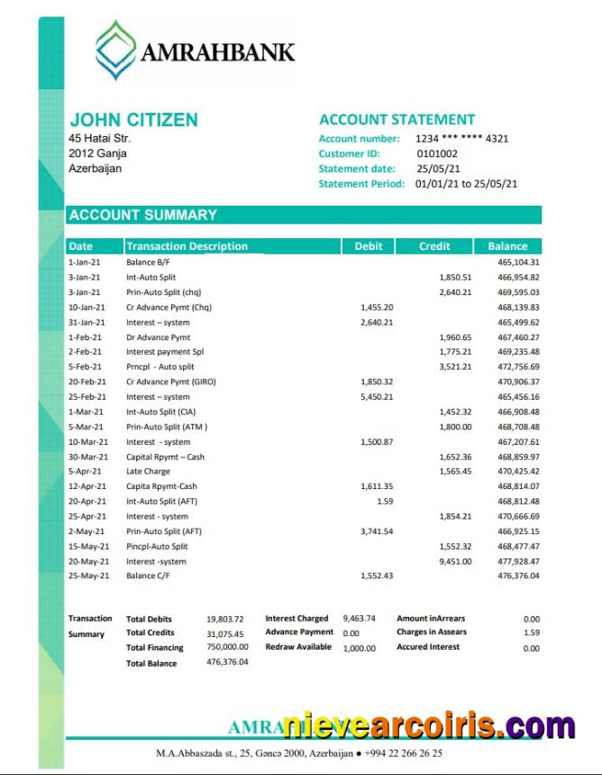 Azerbaijan Amrahbank bank statement easy to fill in Excel and PDF format